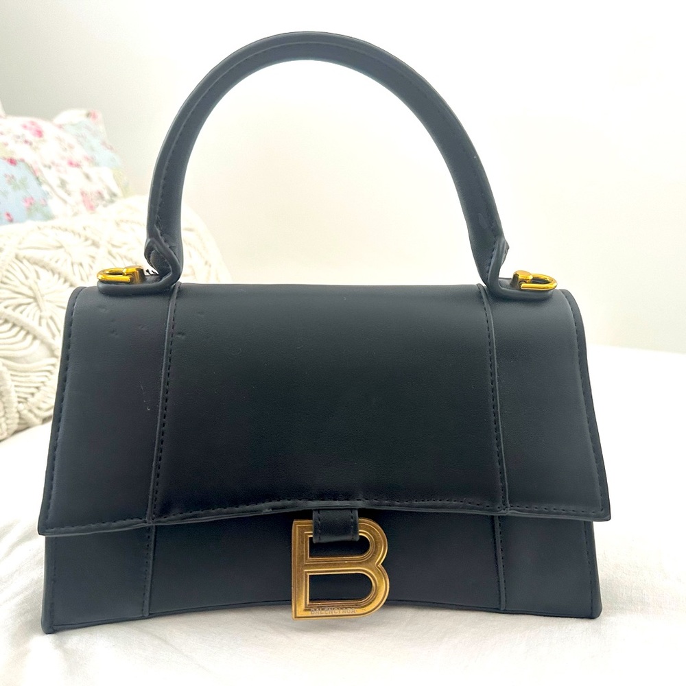 Black Top Handle Crossbody Bag with Gold B Hardware